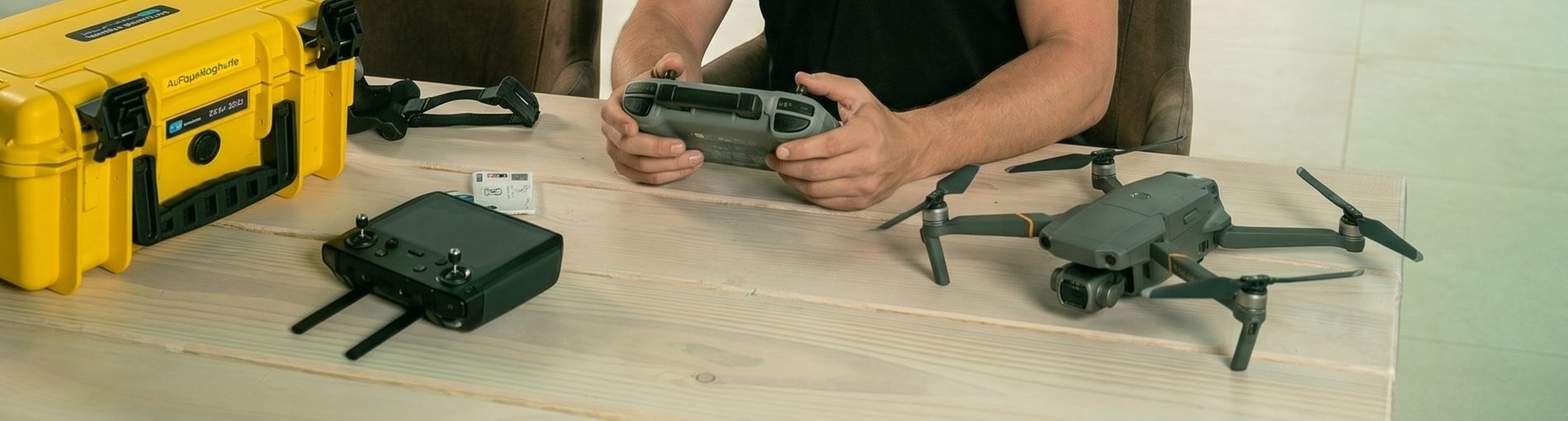 Drohnen-Equipment am Tisch: Transportcase, Smart-Controller und Drohne